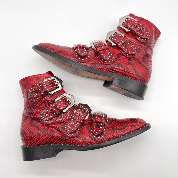 GIVENCHY Prue Ankle Boots Womens 35.5 Red Black Python Studded Buckle Bootie - Picture 5 of 12